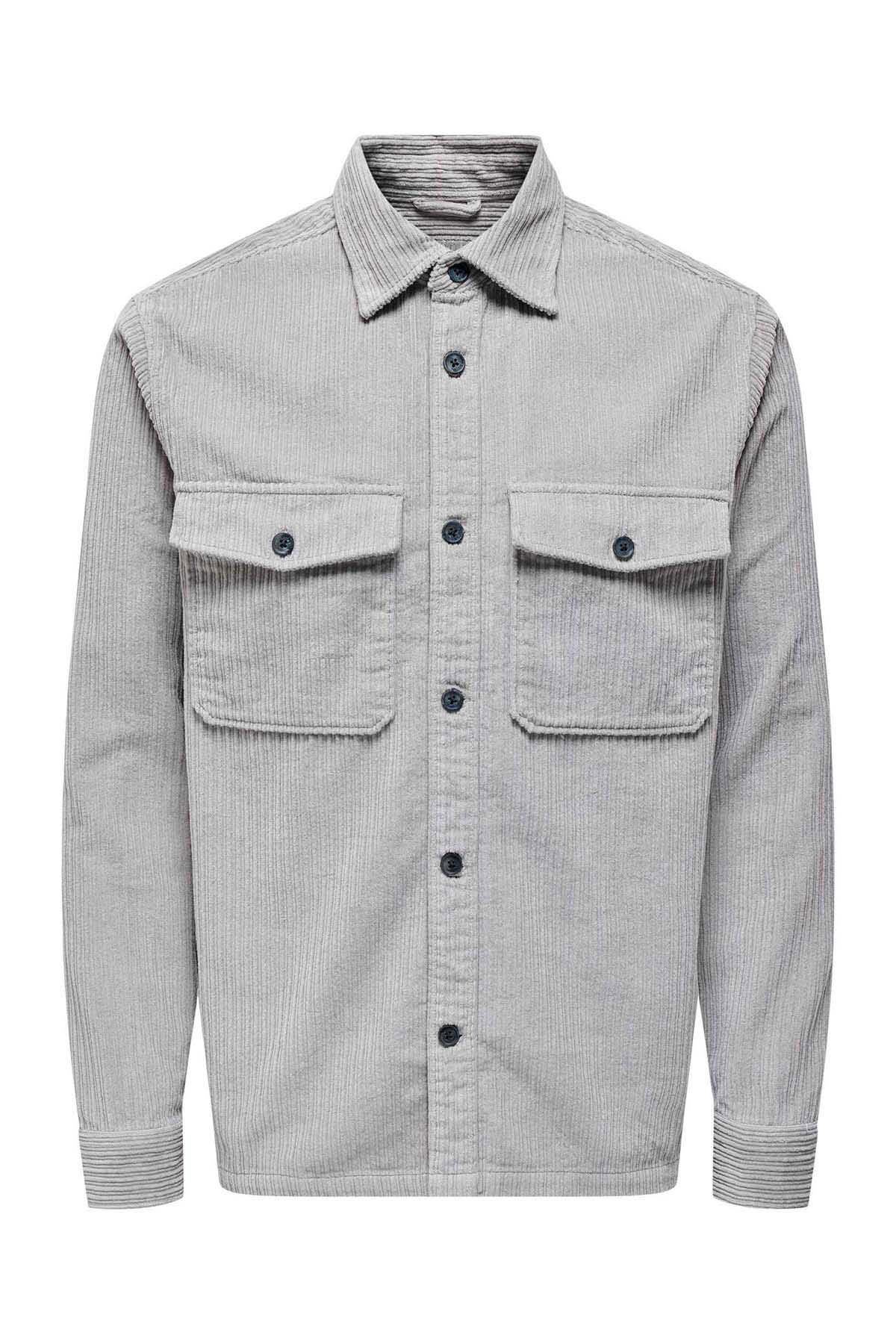 Only & Sons Erkek Onsledger Fitilli %100 Pamuk Kadife Gömlek 22027289 Gri - 1