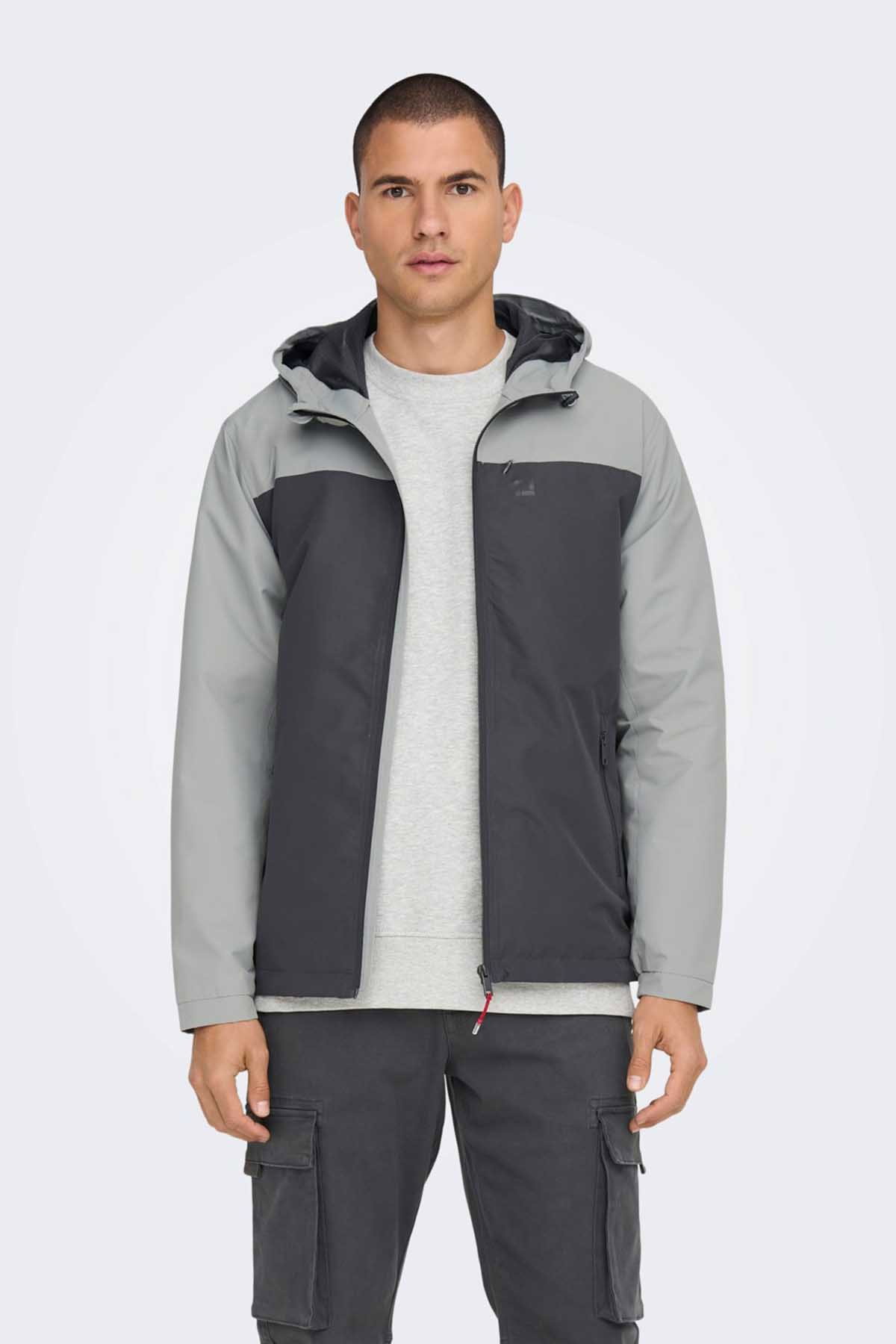 Only & Sons Erkek Onsmack Su Geçirmez Kapüşonlu Ceket 22024207 Gri - 1