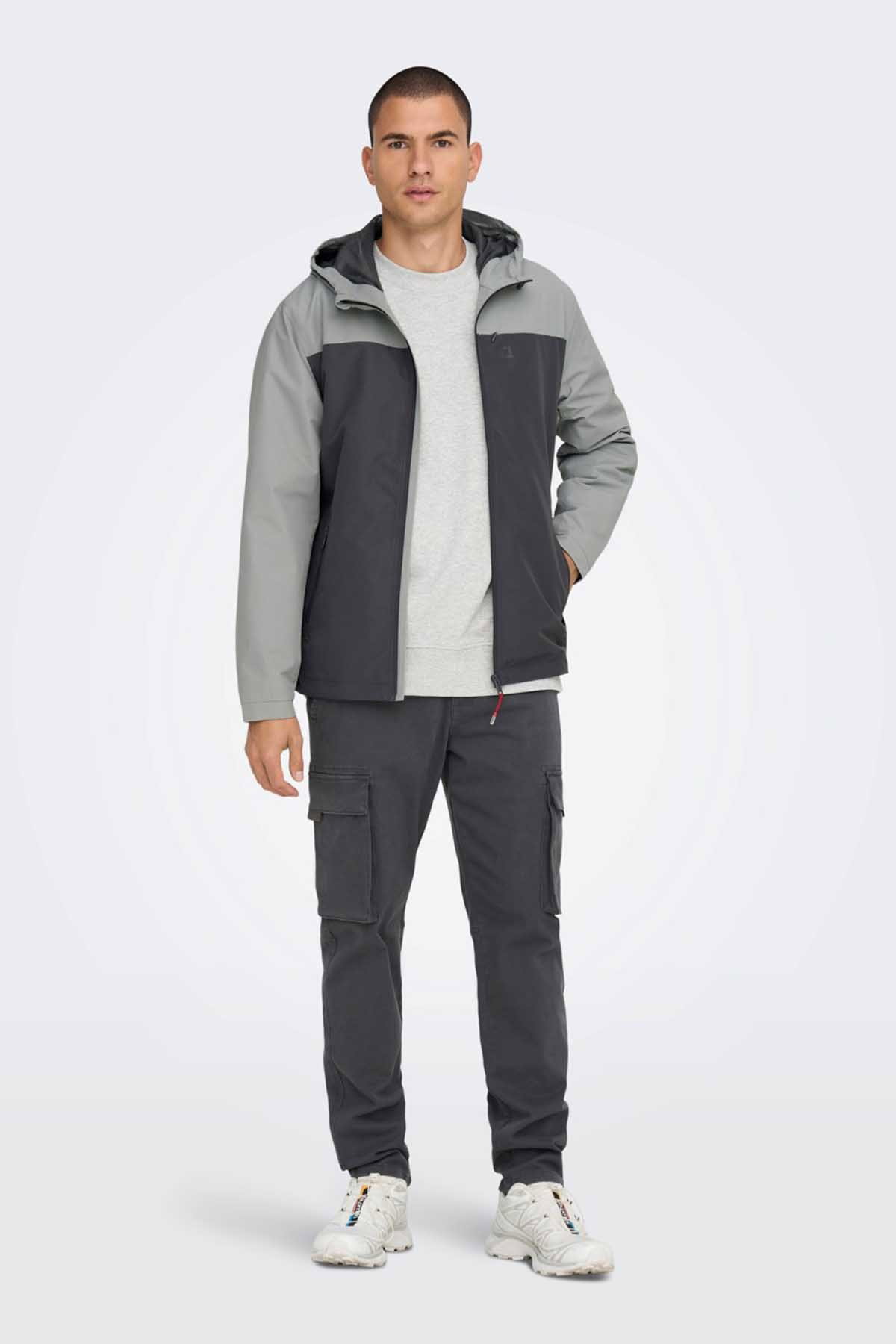 Only & Sons Erkek Onsmack Su Geçirmez Kapüşonlu Ceket 22024207 Gri - 2