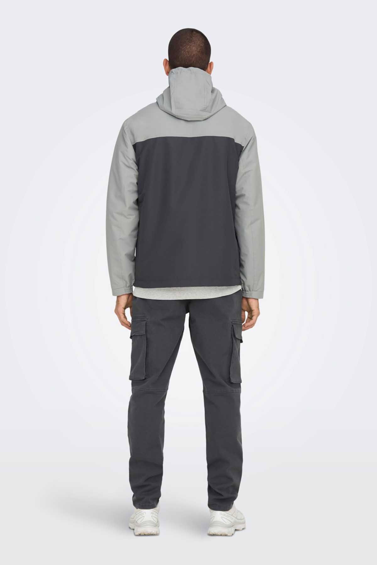 Only & Sons Erkek Onsmack Su Geçirmez Kapüşonlu Ceket 22024207 Gri - 5