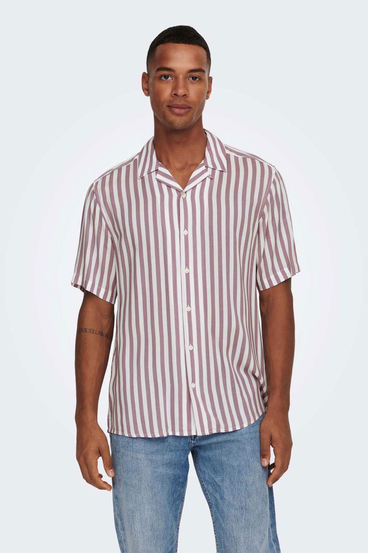 Only & Sons Erkek Onswayne Çizgili Kısa Kollu Gömlek 22013267 Gül Kurusu - 1