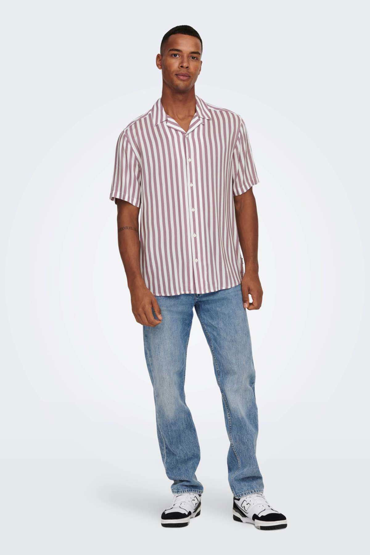 Only & Sons Erkek Onswayne Çizgili Kısa Kollu Gömlek 22013267 Gül Kurusu - 2
