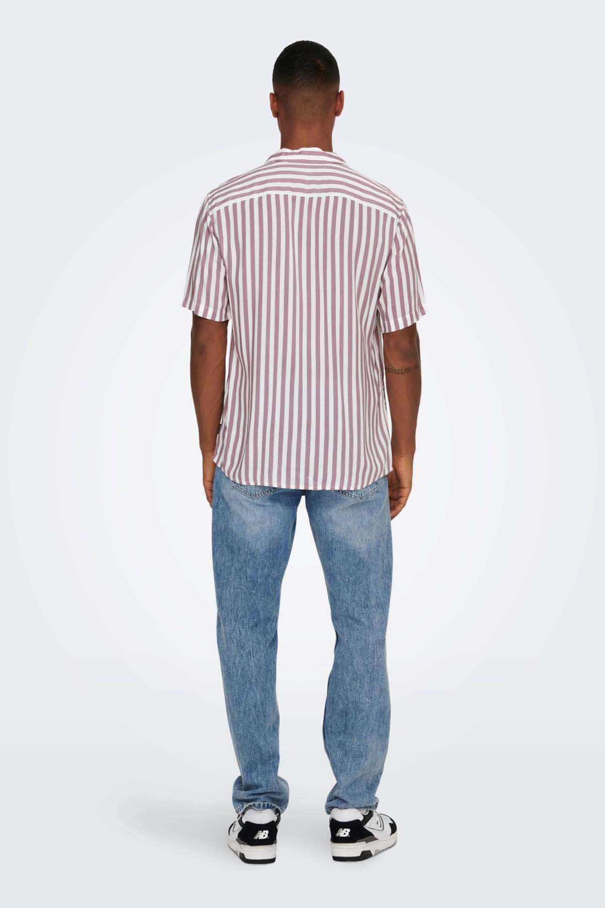 Only & Sons Erkek Onswayne Çizgili Kısa Kollu Gömlek 22013267 Gül Kurusu - 5