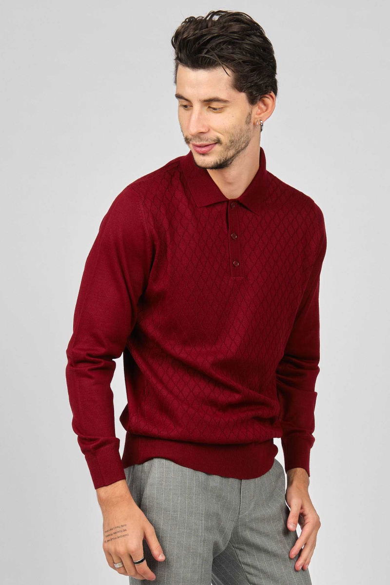 Pave Erkek Baklava Desenli Yün Kazak 4536034 Bordo - Pave