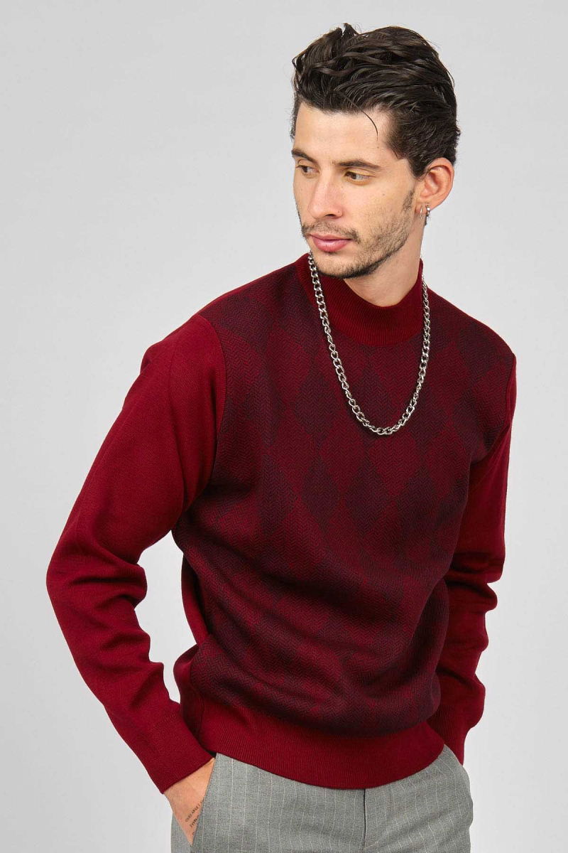 Pave Erkek Baklava Desenli Yünlü Kazak 4539200 Bordo - Pave