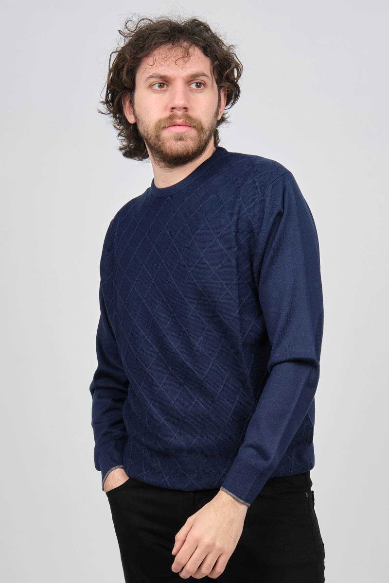 Pave Erkek Bisiklet Yaka Baklava Desenli Yün Kazak 4537073 Açık Lacivert - Pave