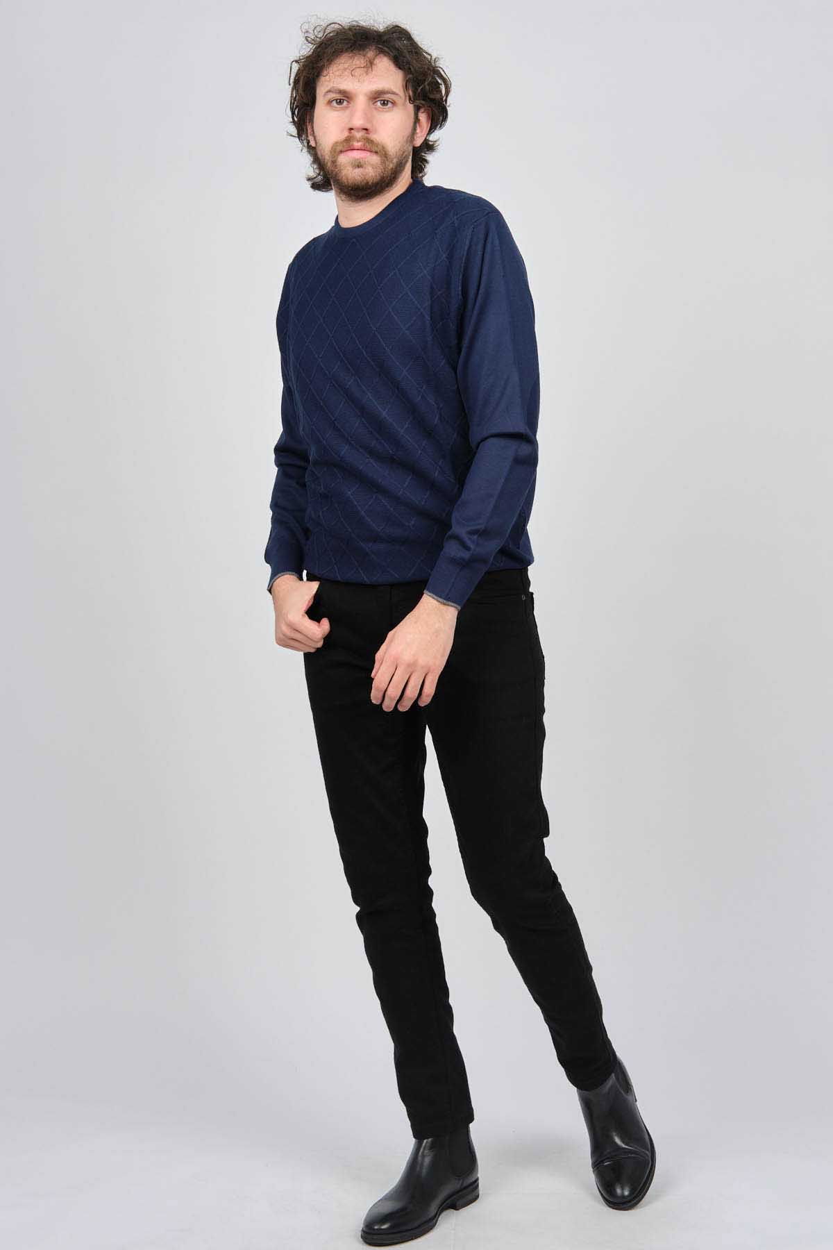 Pave Erkek Bisiklet Yaka Baklava Desenli Yün Kazak 4537073 Açık Lacivert - 2