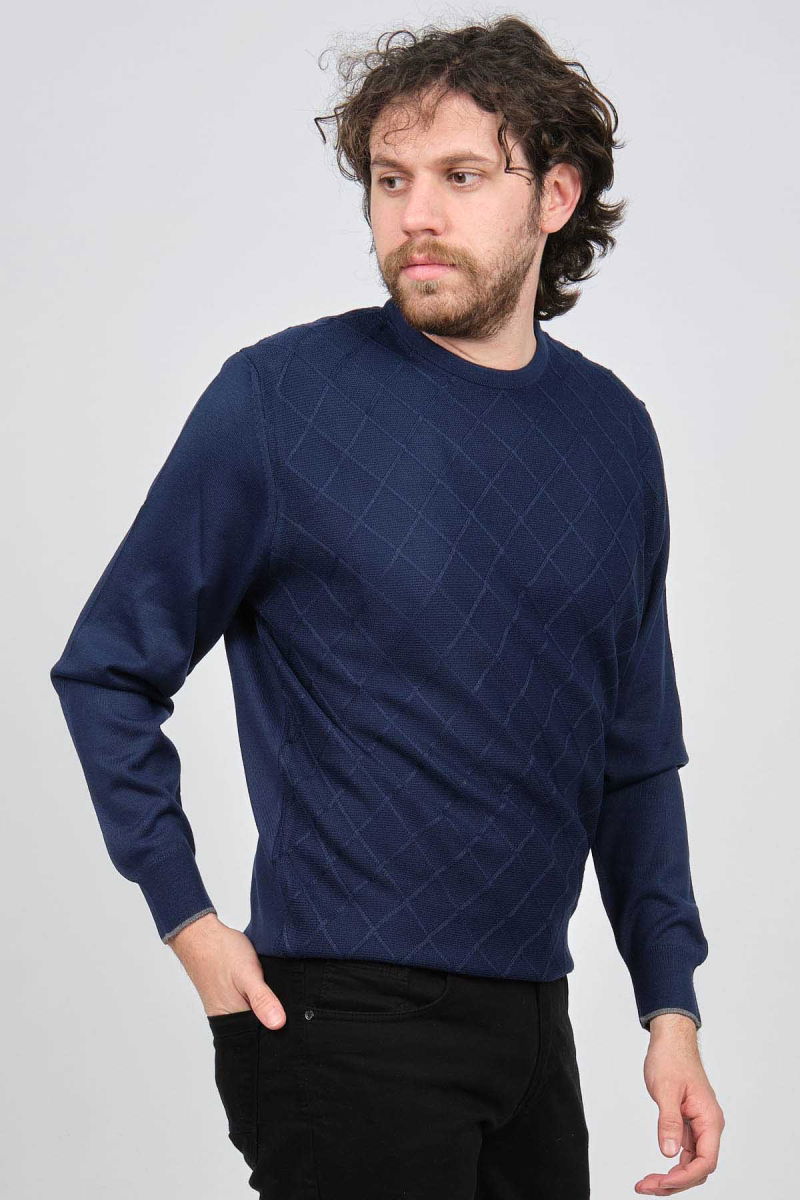 Pave Erkek Bisiklet Yaka Baklava Desenli Yün Kazak 4537073 Açık Lacivert - 3