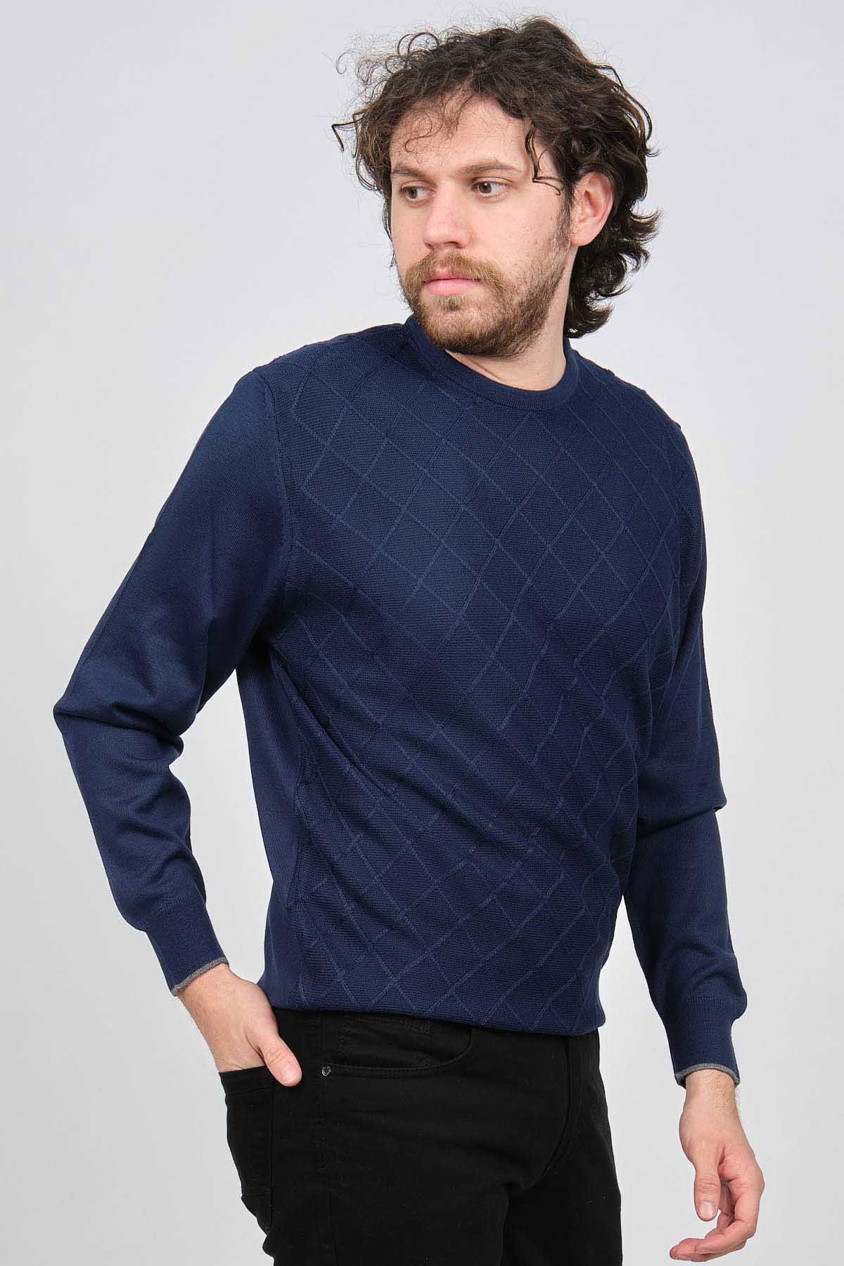 Pave Erkek Bisiklet Yaka Baklava Desenli Yün Kazak 4537073 Açık Lacivert - 3