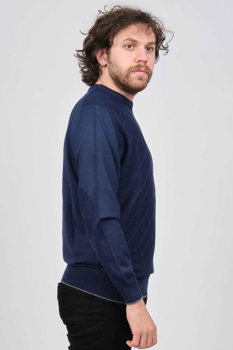 Pave Erkek Bisiklet Yaka Baklava Desenli Yün Kazak 4537073 Açık Lacivert - 4