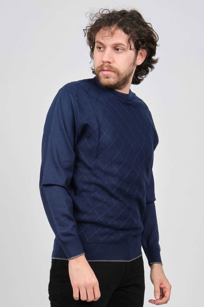 Pave Erkek Bisiklet Yaka Baklava Desenli Yün Kazak 4537073 Açık Lacivert - 6