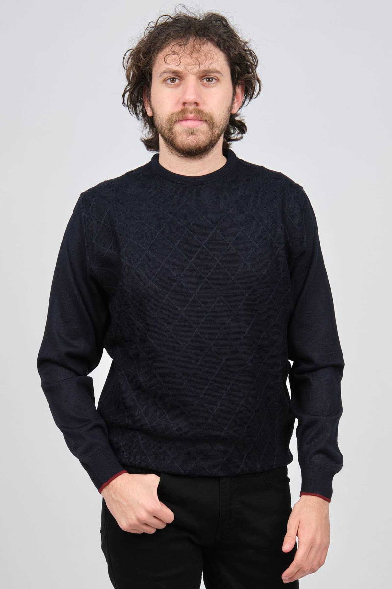 Pave Erkek Bisiklet Yaka Baklava Desenli Yün Kazak 4537073 Lacivert - Pave