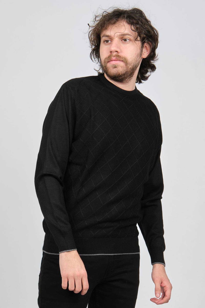 Pave Erkek Bisiklet Yaka Baklava Desenli Yün Kazak 4537073 Siyah - Pave