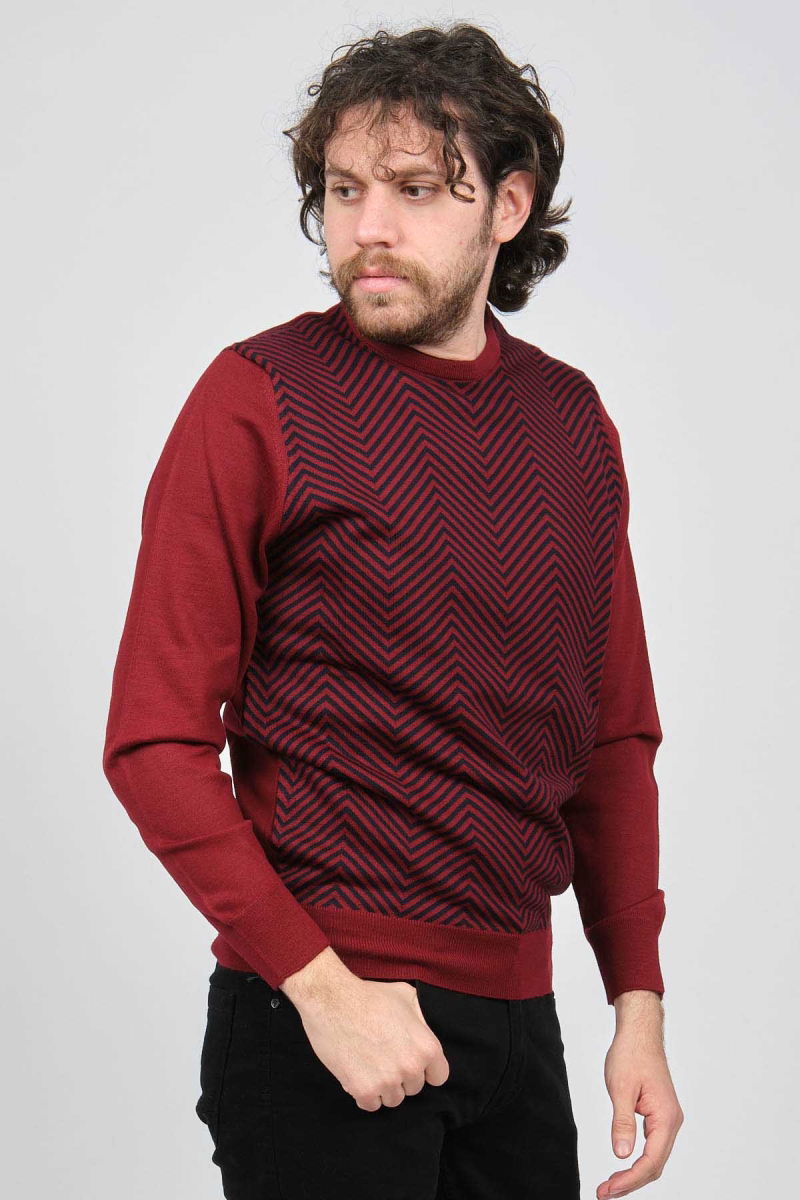 Pave Erkek Bisiklet Yaka Desenli Yün Kazak 4537043 Bordo - Pave