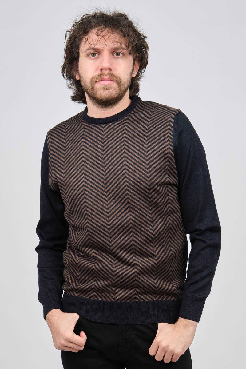 Pave Erkek Bisiklet Yaka Desenli Yün Kazak 4537043 Lacivert - Pave