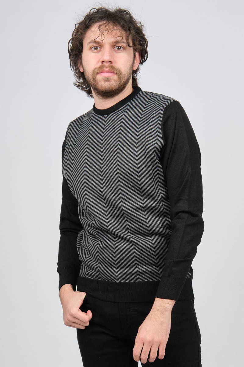 Pave Erkek Bisiklet Yaka Desenli Yün Kazak 4537043 Siyah - Pave