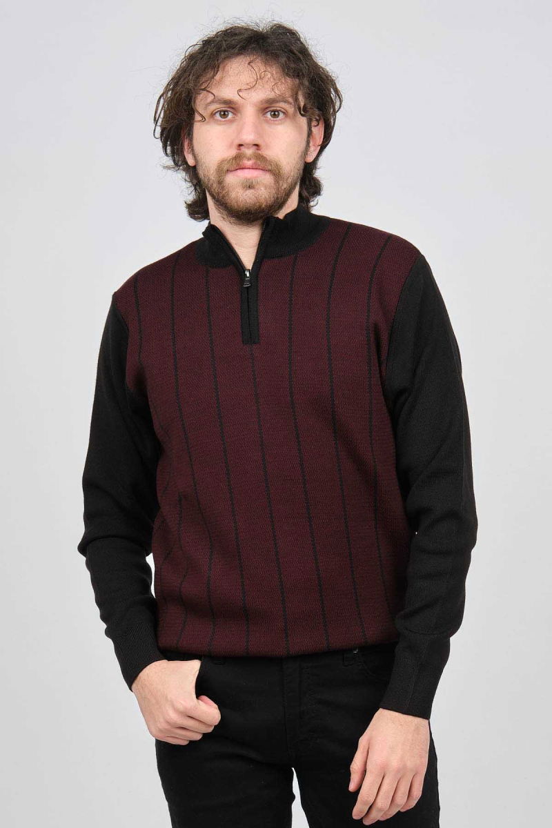 Pave Erkek Çizgi Desenli Fermuarlı Yün Kazak 4539190 Bordo - Pave