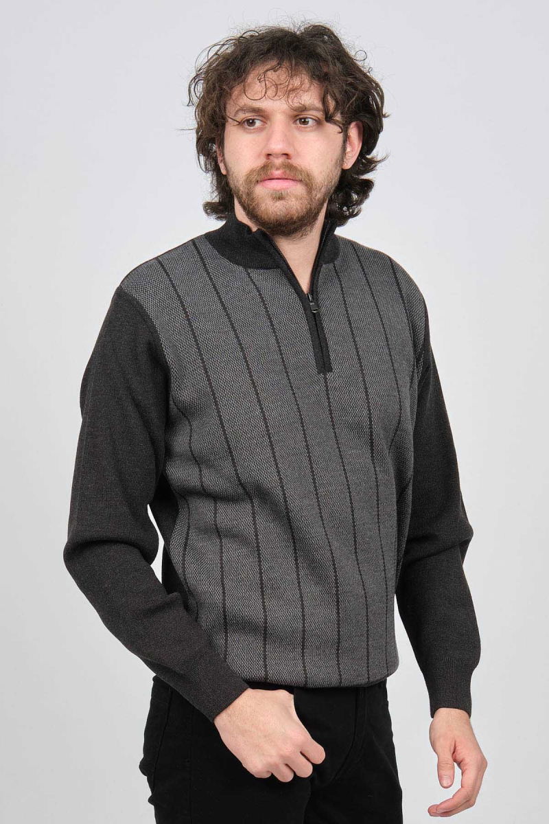 Pave Erkek Çizgi Desenli Fermuarlı Yün Kazak 4539190 Füme - Pave