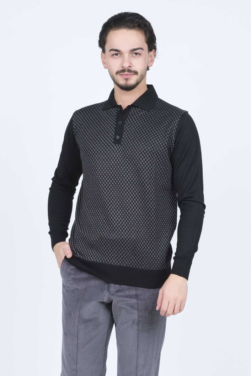 Pave Erkek Desenli Polo Yaka Triko Yün Kazak 4533224 Siyah - Pave