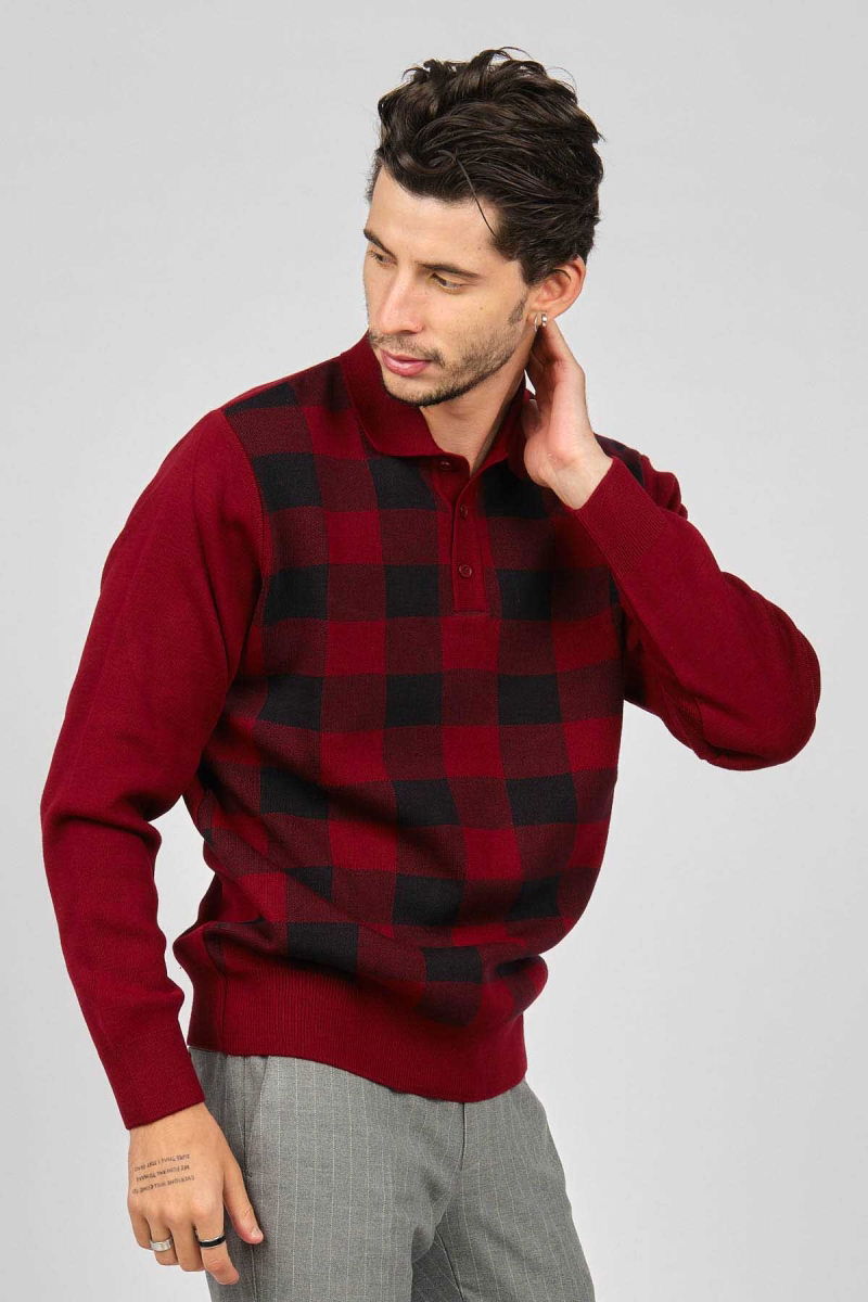 Pave Erkek Kare Desenli Yünlü Kazak 4539134 Bordo - Pave