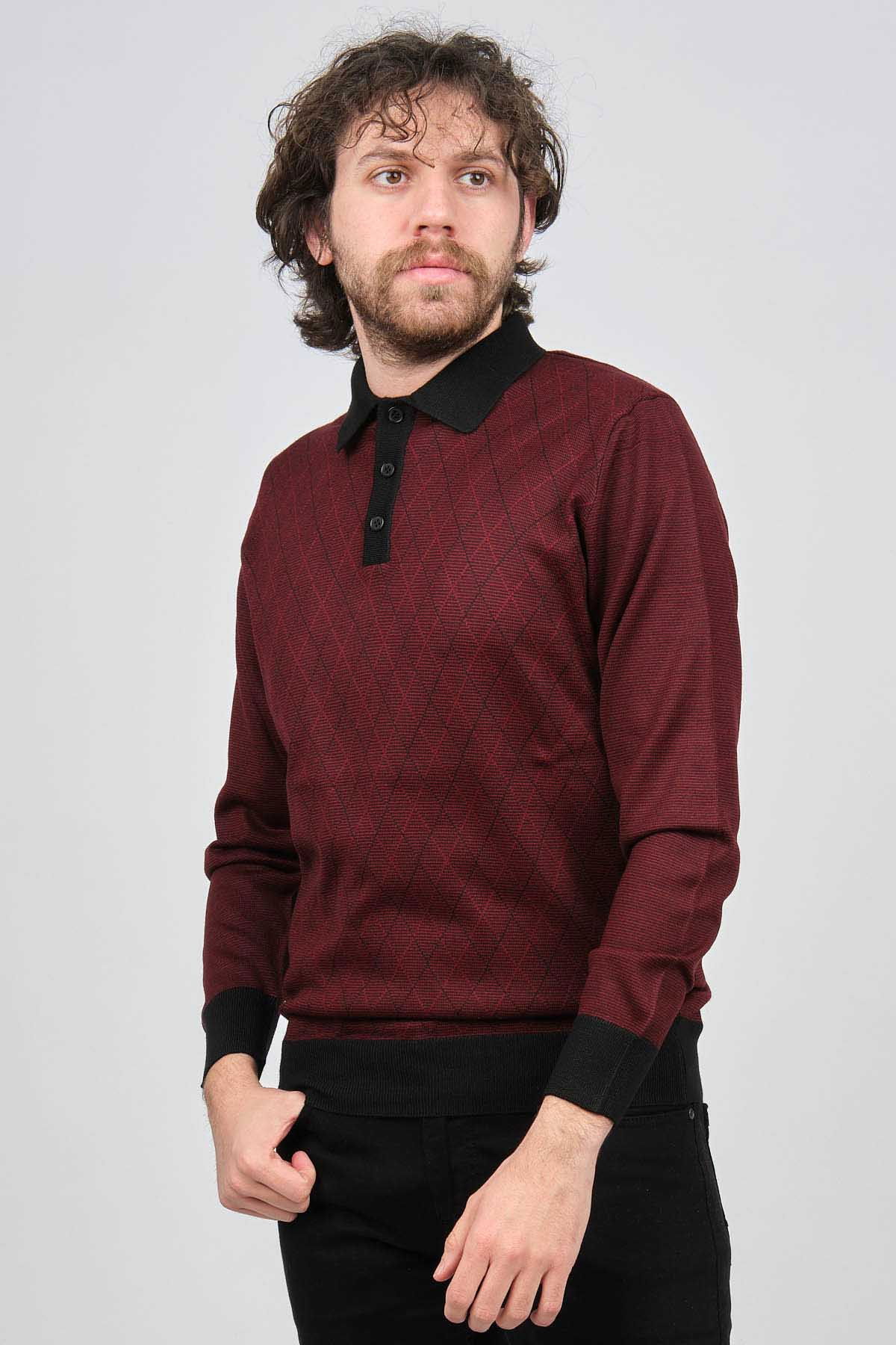 Pave Erkek Polo Yaka Desenli Yün Kazak 4537094 Bordo - 3