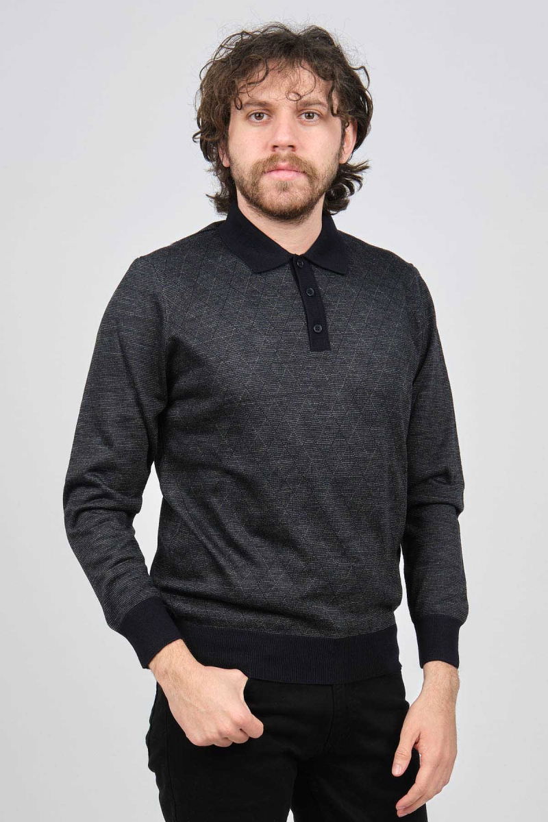 Pave Erkek Polo Yaka Desenli Yün Kazak 4537094 Lacivert - Pave