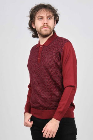 Pave Erkek Polo Yaka Desenli Yün Kazak 4537134 Bordo - 1