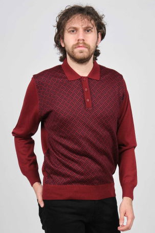 Pave Erkek Polo Yaka Desenli Yün Kazak 4537134 Bordo - 3