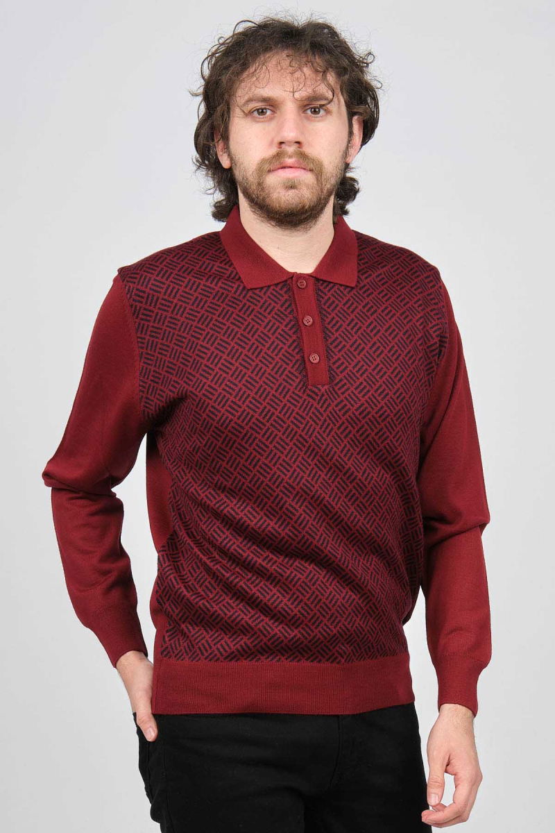 Pave Erkek Polo Yaka Desenli Yün Kazak 4537134 Bordo - 3