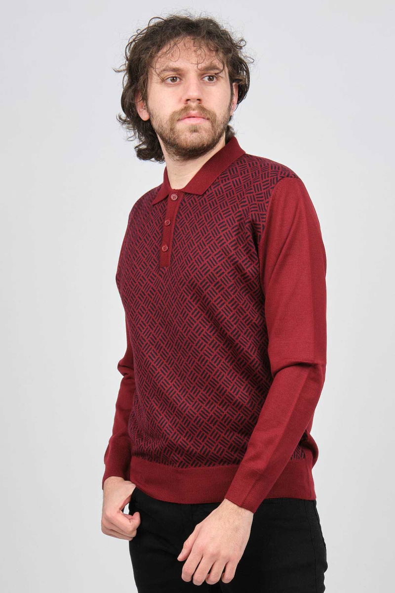 Pave Erkek Polo Yaka Desenli Yün Kazak 4537134 Bordo - Pave