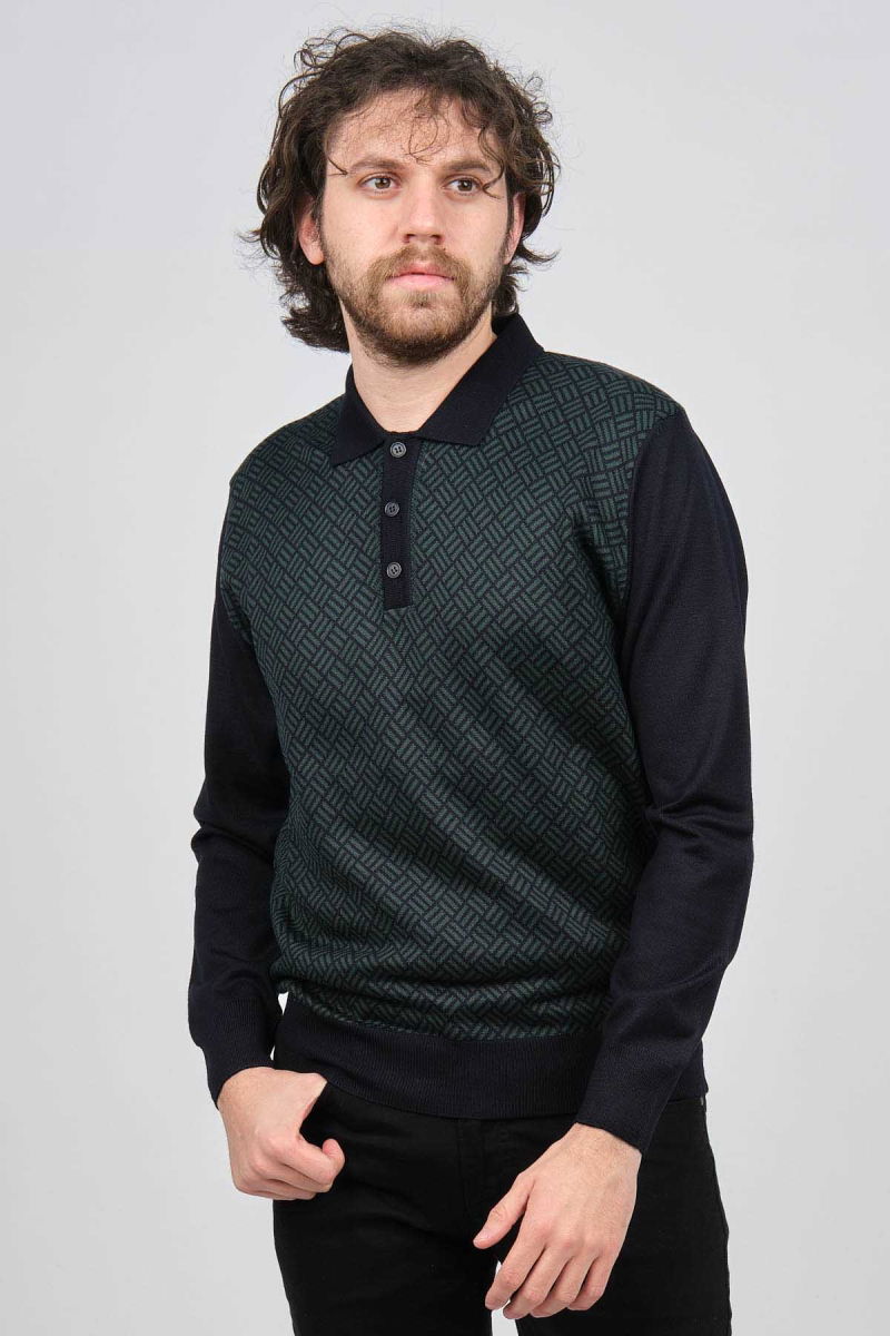 Pave Erkek Polo Yaka Desenli Yün Kazak 4537134 Lacivert - Pave