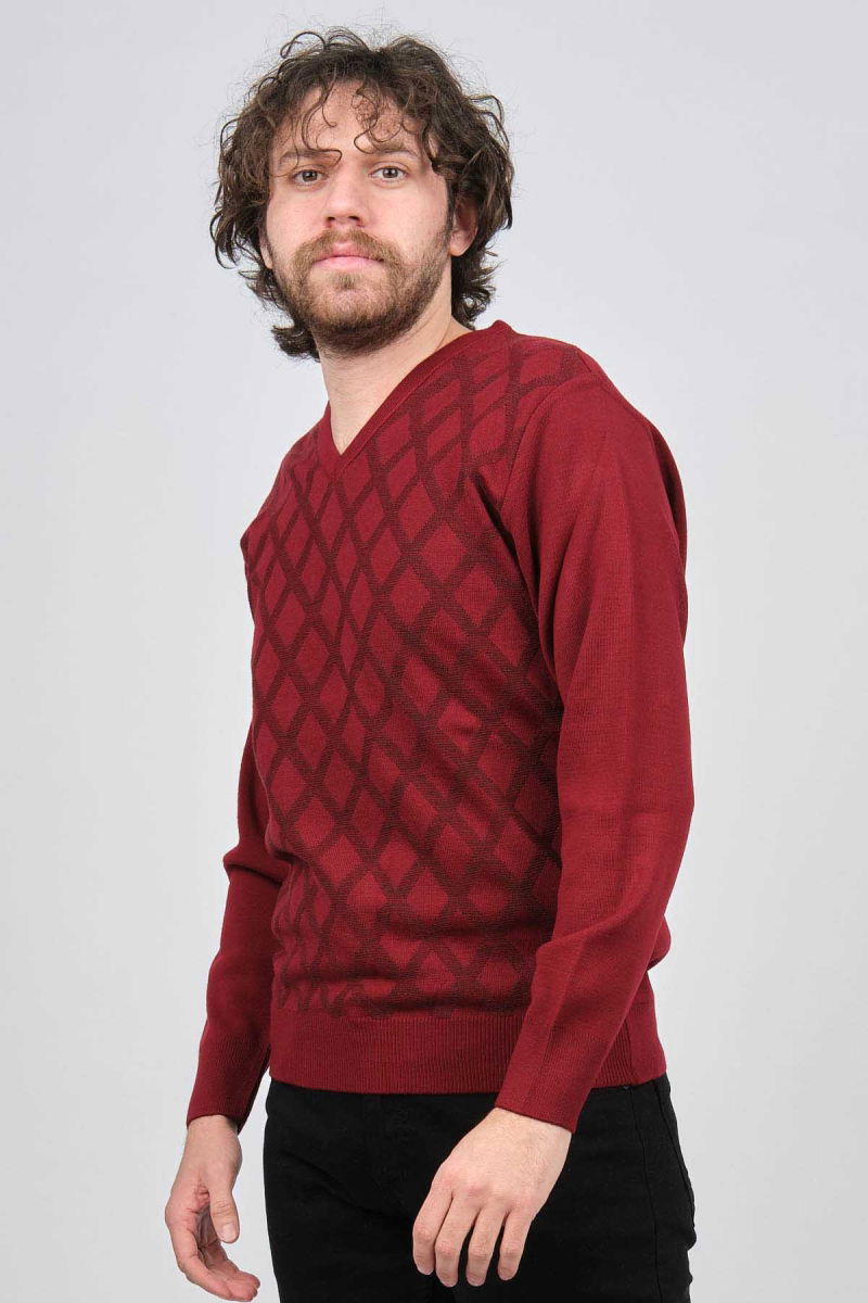 Pave Erkek V Yaka Desenli Yün Kazak 4539072 Bordo - Pave