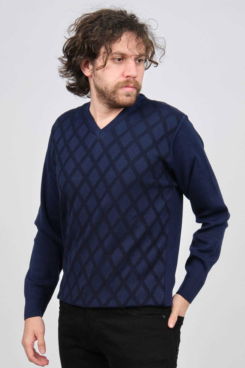 Pave Erkek V Yaka Desenli Yün Kazak 4539072 Lacivert - Pave