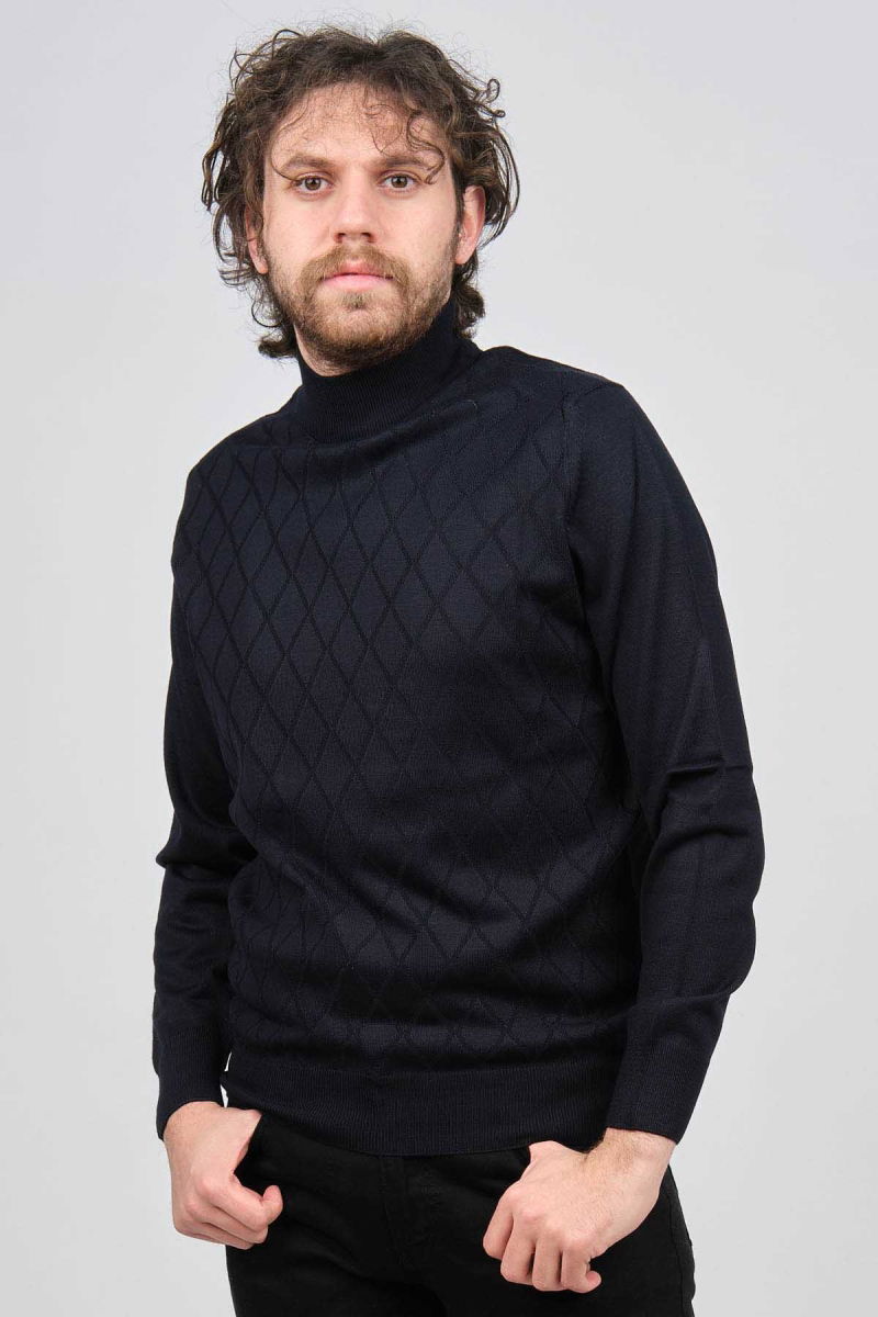 Pave Erkek Yarım Balıkçı Baklava Desenli Yün Kazak 4537220 Lacivert - Pave