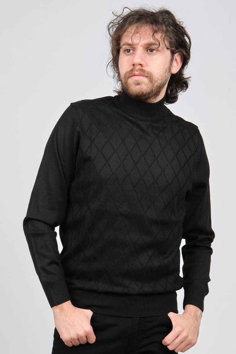 Pave Erkek Yarım Balıkçı Baklava Desenli Yün Kazak 4537220 Siyah - Pave