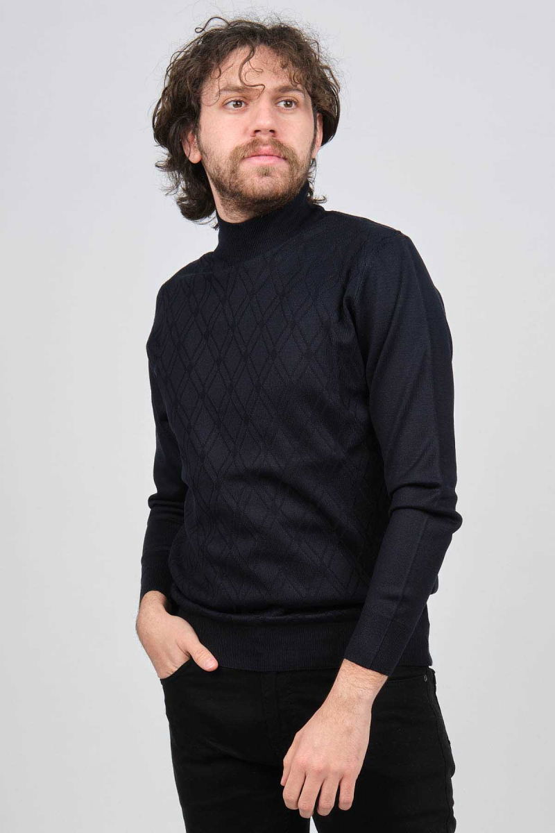 Pave Erkek Yarım Balıkçı Desenli Yün Kazak 4537210 Lacivert - Pave