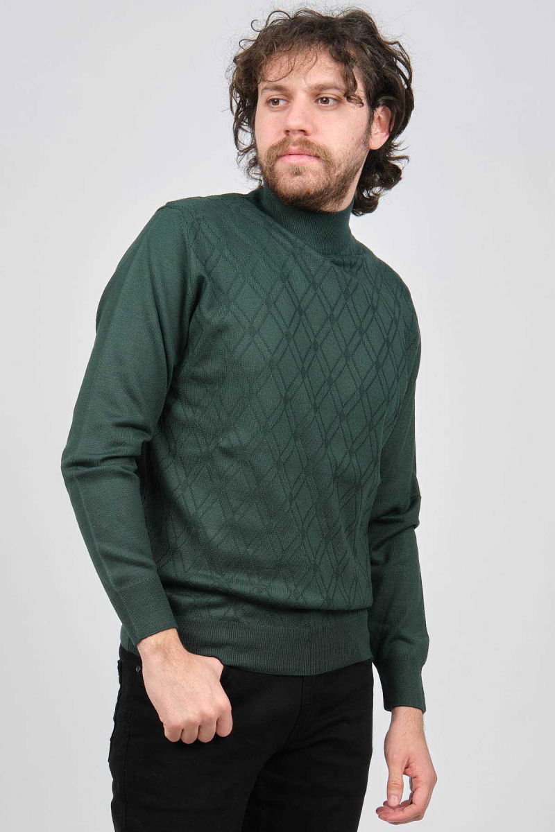 Pave Erkek Yarım Balıkçı Desenli Yün Kazak 4537210 Yeşil - Pave