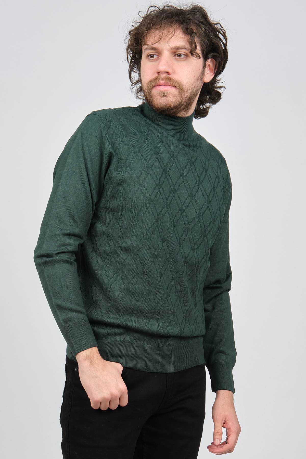 Pave Erkek Yarım Balıkçı Desenli Yün Kazak 4537210 Yeşil - 1