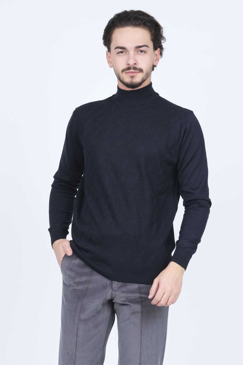 Pave Erkek Yarım Balıkçı Triko Yün Kazak 4533090 Koyu Lacivert - Pave