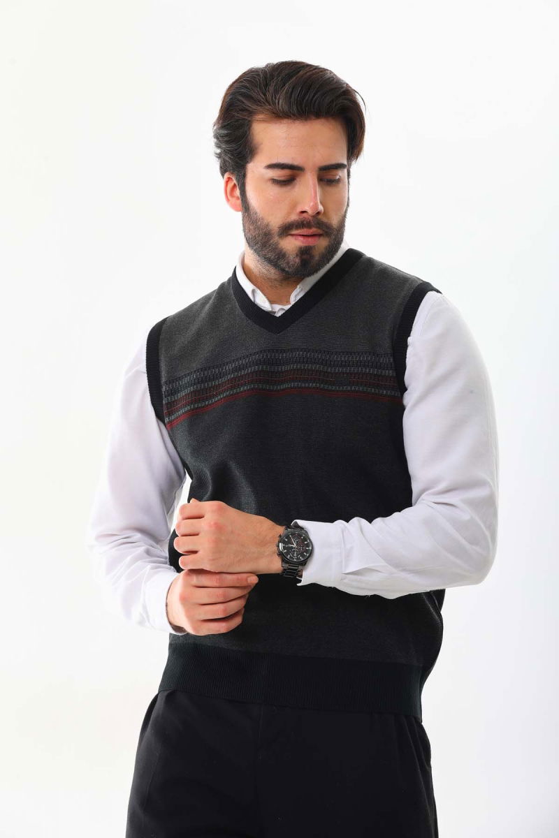 Pelikan Erkek Desenli V Yaka Süveter 9602 Füme 