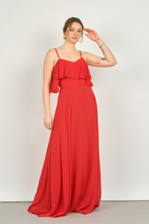 Pierre Cardin Kadın Askılı Şifon Uzun Abiye Elbise 6424 Kırmızı - 1