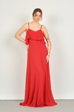 Pierre Cardin Kadın Askılı Şifon Uzun Abiye Elbise 6424 Kırmızı - 2