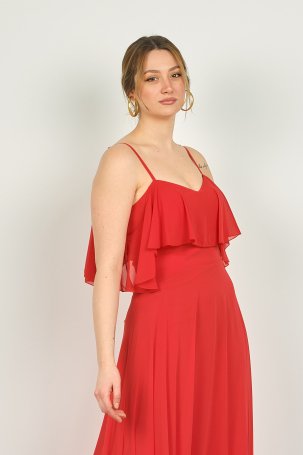 Pierre Cardin Kadın Askılı Şifon Uzun Abiye Elbise 6424 Kırmızı - 3