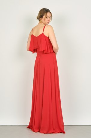 Pierre Cardin Kadın Askılı Şifon Uzun Abiye Elbise 6424 Kırmızı - 4