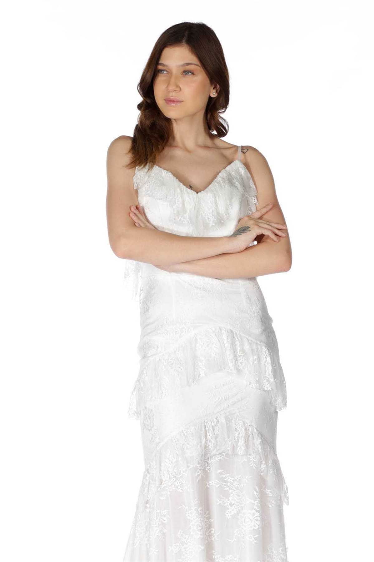 Pierre Cardin Kadın Dantelli Eteği Fırfırlı Abiye Elbise 58155325 Ekru - 3