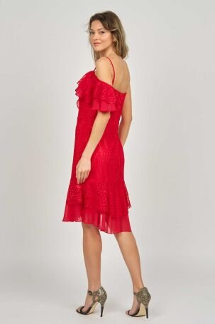 Pierre Cardin Kadın İp Askılı Fırfır Detaylı Abiye Elbise 5816858 Kırmızı - 4