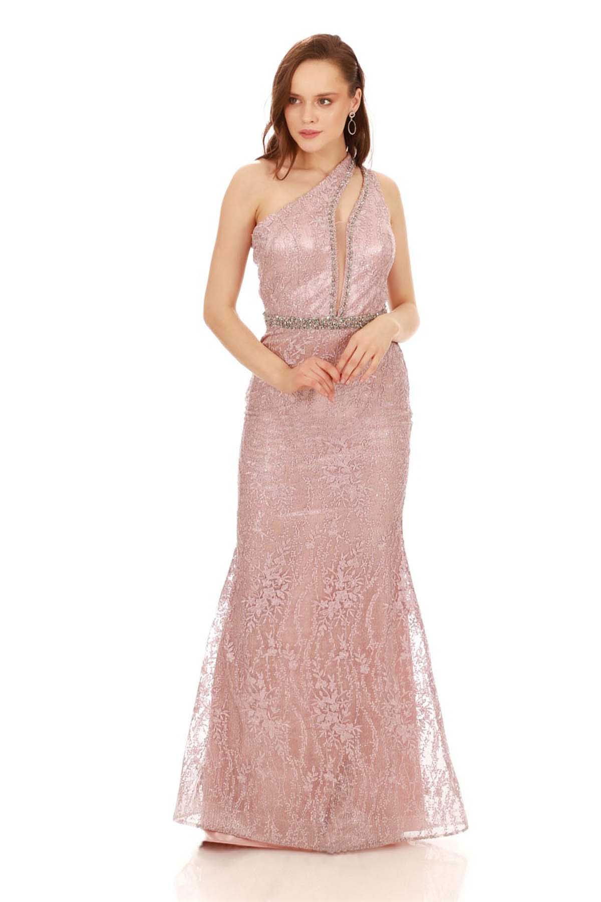 Pierre Cardin Kadın Payetli Dantelli Tek Kollu Balık Abiye Elbise 58155608 Pudra - 1