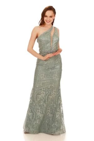 Pierre Cardin Kadın Payetli Dantelli Tek Kollu Balık Abiye Elbise 58155608 Yeşil 