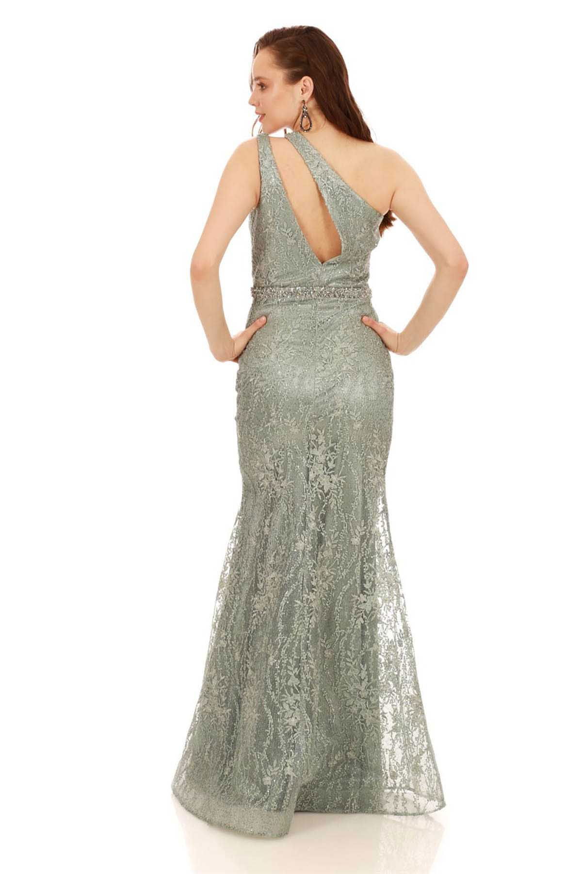 Pierre Cardin Kadın Payetli Dantelli Tek Kollu Balık Abiye Elbise 58155608 Yeşil - 4