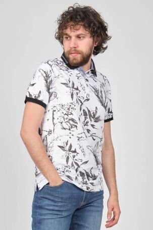 Qwerty Erkek Çiçek Desenli Slim Fit Polo Yaka T-Shirt 5452625 Siyah - 1